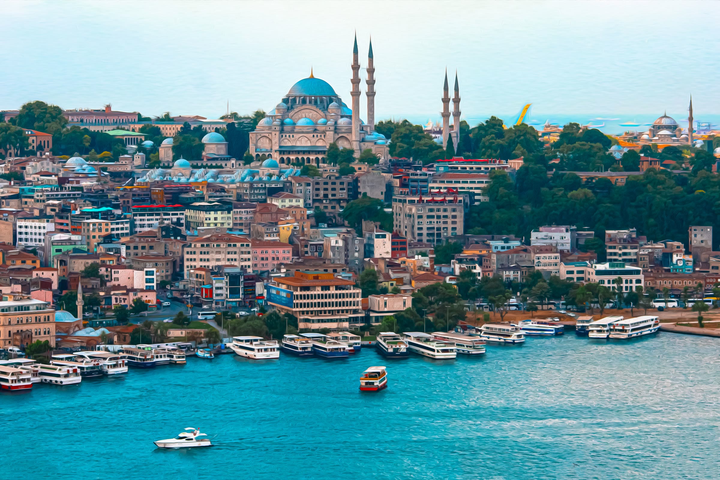De Süleymaniye-moskee boven de Bosporus met aangemeerde boten in Istanbul.